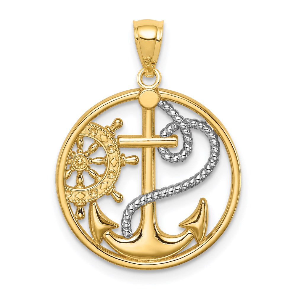 Million Charms 14K Yellow Gold Themed With Rhodium-plated Relgious Cross Nautical Anchor Captain Wheel Pendant