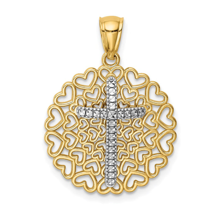 Million Charms 14K Yellow Gold Themed With Rhodium-plated Diamond-Cut 3D Relgious Cross Pendant