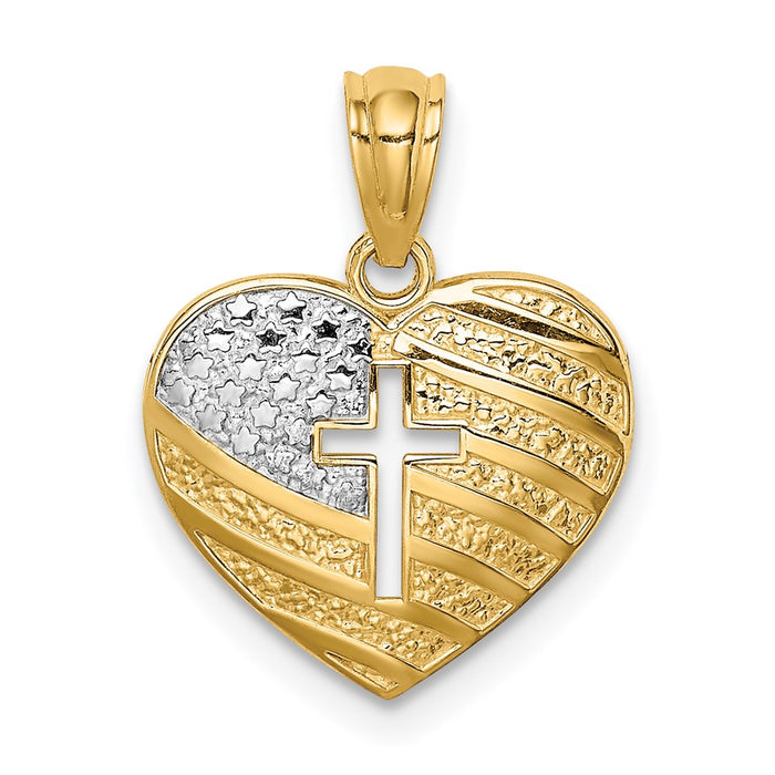 Million Charms 14K Yellow Gold Themed With Rhodium-plated Usa Flag With Relgious Cross Heart Pendant