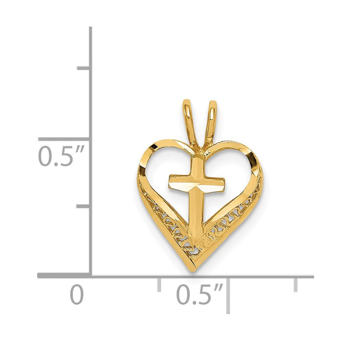 Million Charms 14K Yellow Gold Themed Diamond-Cut Heart With Relgious Cross Chain Slide