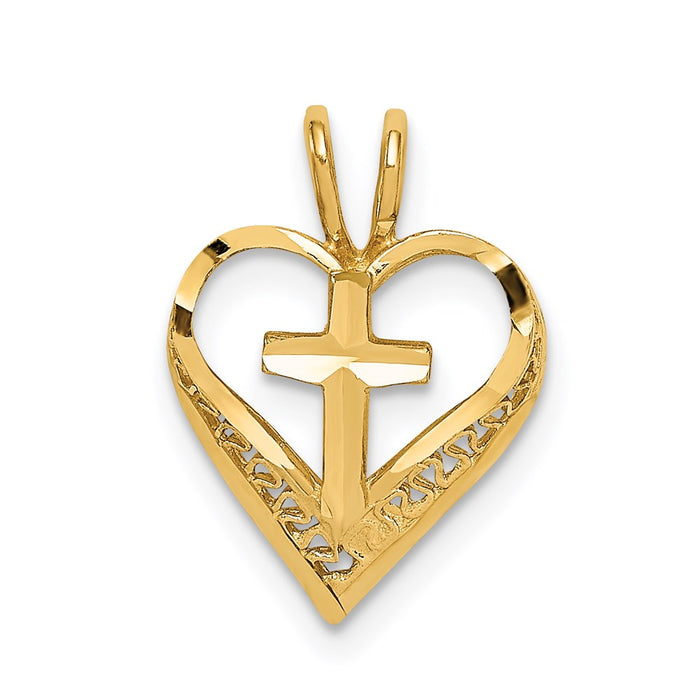 Million Charms 14K Yellow Gold Themed Diamond-Cut Heart With Relgious Cross Chain Slide