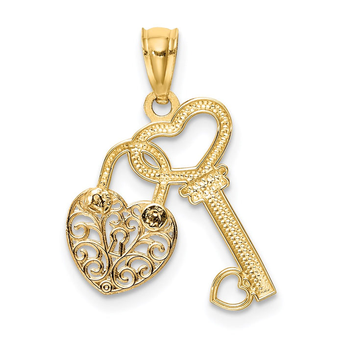 Million Charms 14K Two-Tone Polished Filigree Heart Lock & Diamond-Cut Key Charm