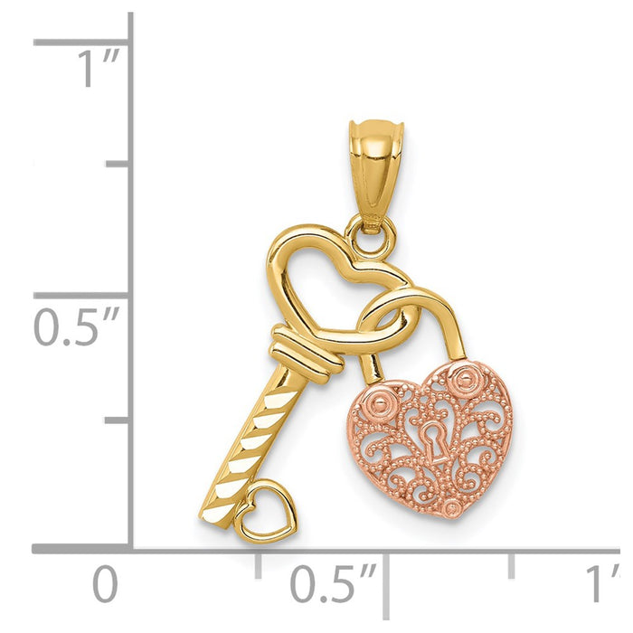 Million Charms 14K Two-Tone Polished Filigree Heart Lock & Diamond-Cut Key Charm