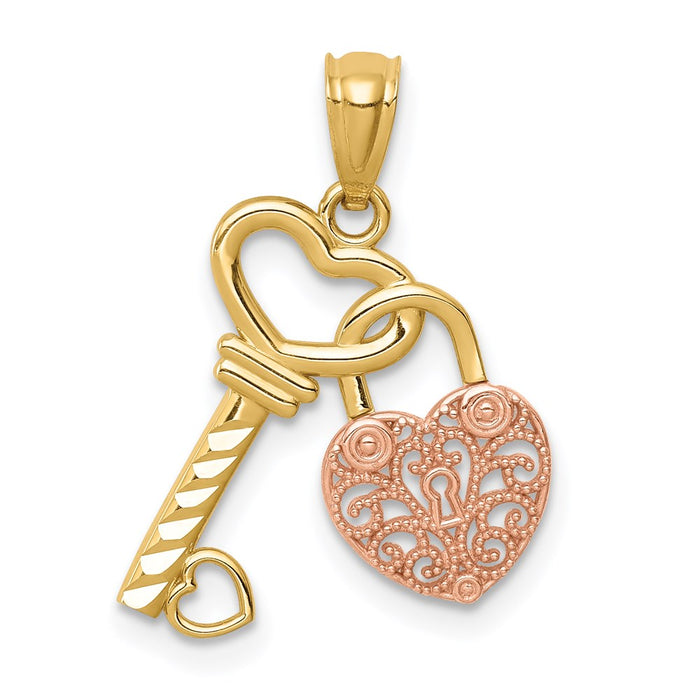 Million Charms 14K Two-Tone Polished Filigree Heart Lock & Diamond-Cut Key Charm