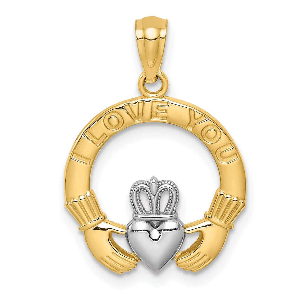 Million Charms 14K Yellow Gold Themed With Rhodium-plated I Love You Claddaugh Pendant