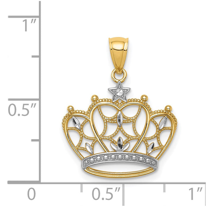 Million Charms 14K Yellow Gold Themed With Rhodium-plated Diamond-Cut Filigree Crown Pendant