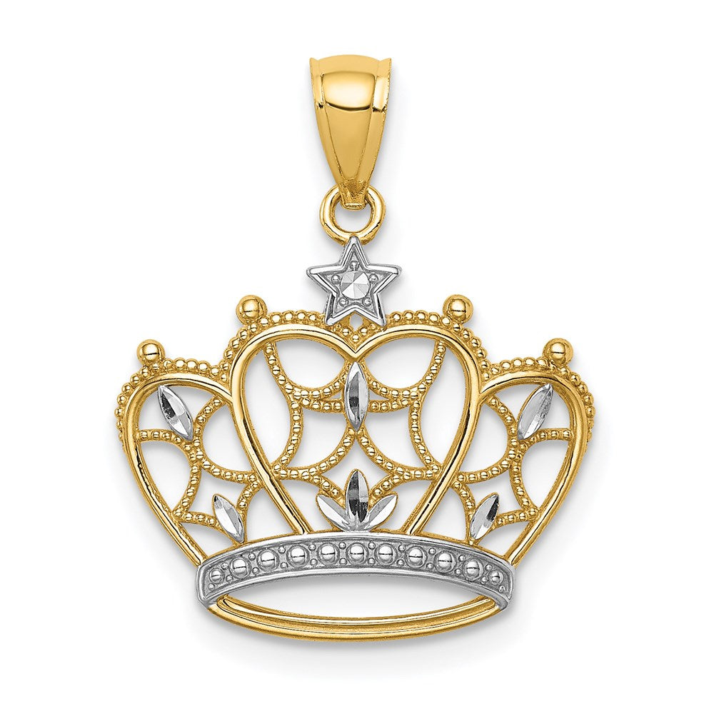 Million Charms 14K Yellow Gold Themed With Rhodium-plated Diamond-Cut Filigree Crown Pendant