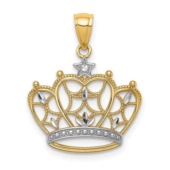 Million Charms 14K Yellow Gold Themed With Rhodium-plated Diamond-Cut Filigree Crown Pendant