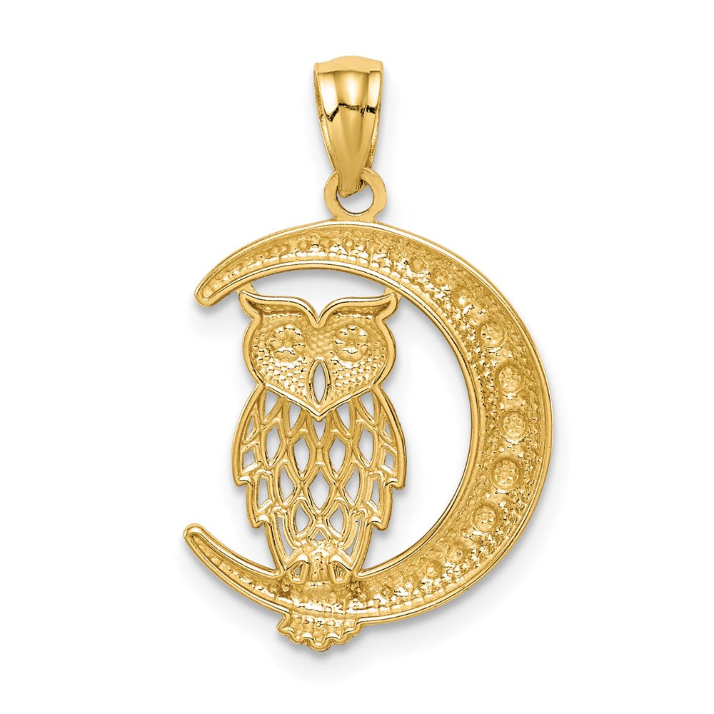 Million Charms 14K White Rhodium-Plated Diamond-Cut Owl On The Moon Pendant