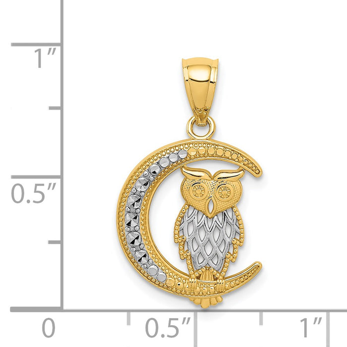 Million Charms 14K White Rhodium-Plated Diamond-Cut Owl On The Moon Pendant