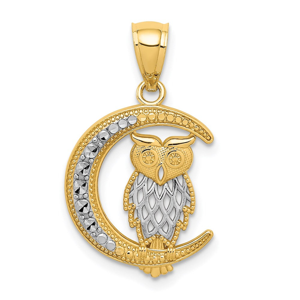 Million Charms 14K White Rhodium-Plated Diamond-Cut Owl On The Moon Pendant
