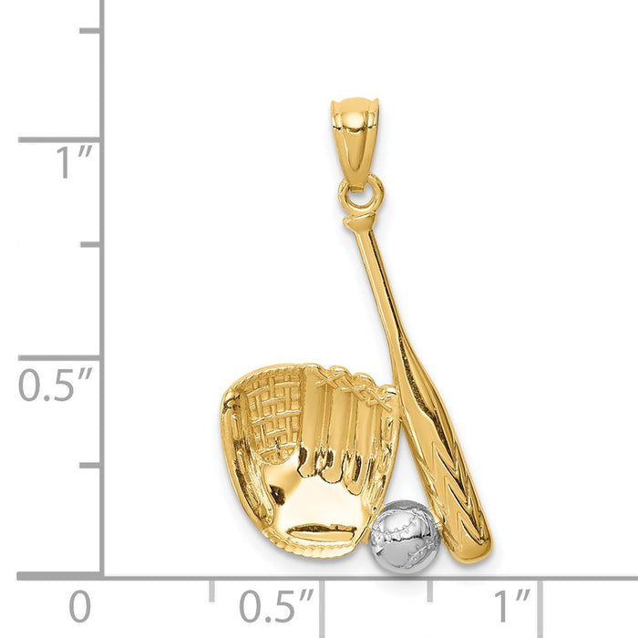 Million Charms 14K Yellow Gold Themed With Rhodium-plated Sports Baseball Glove Bat Ball Pendant