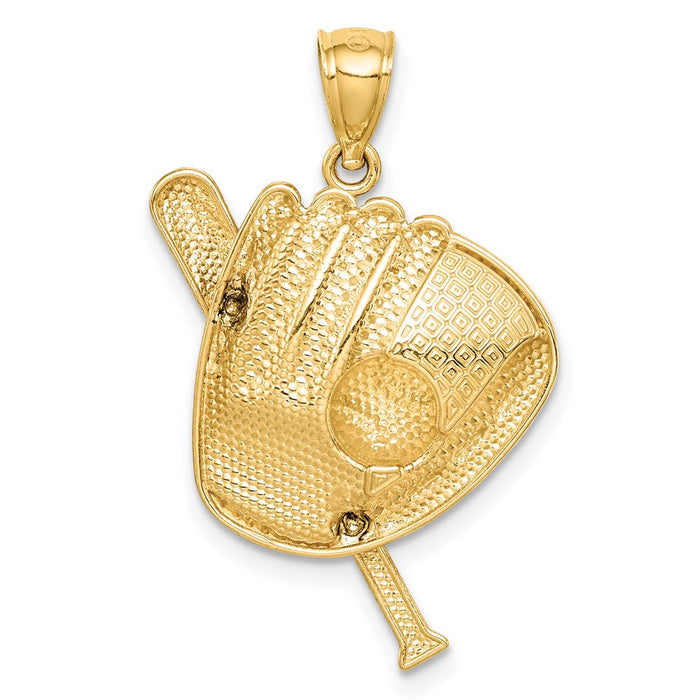 Million Charms 14K Yellow Gold Themed Diamond-Cut White Rhodium-plated Sports Baseball Bat Glove Ball Pendant