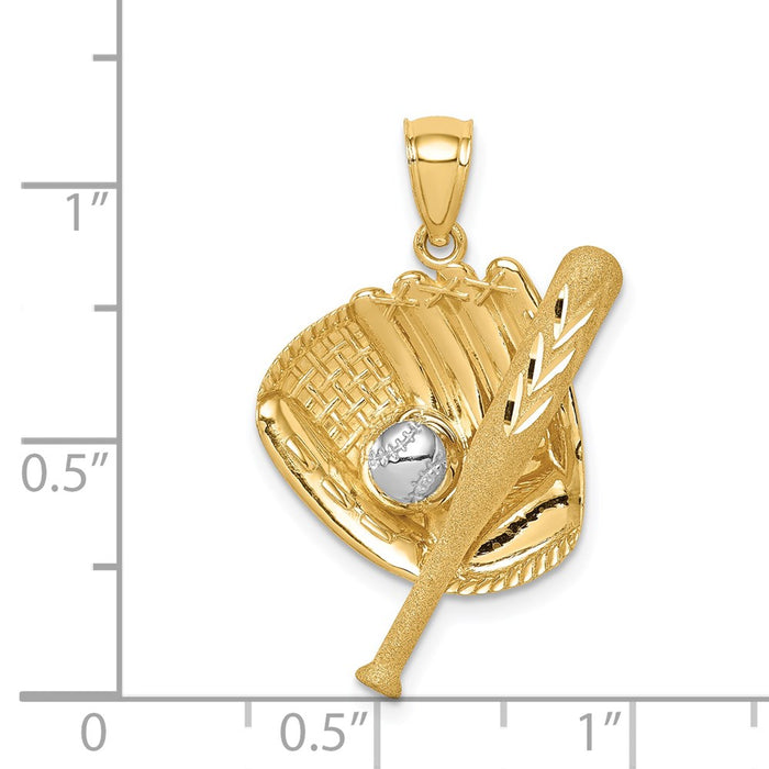 Million Charms 14K Yellow Gold Themed Diamond-Cut White Rhodium-plated Sports Baseball Bat Glove Ball Pendant