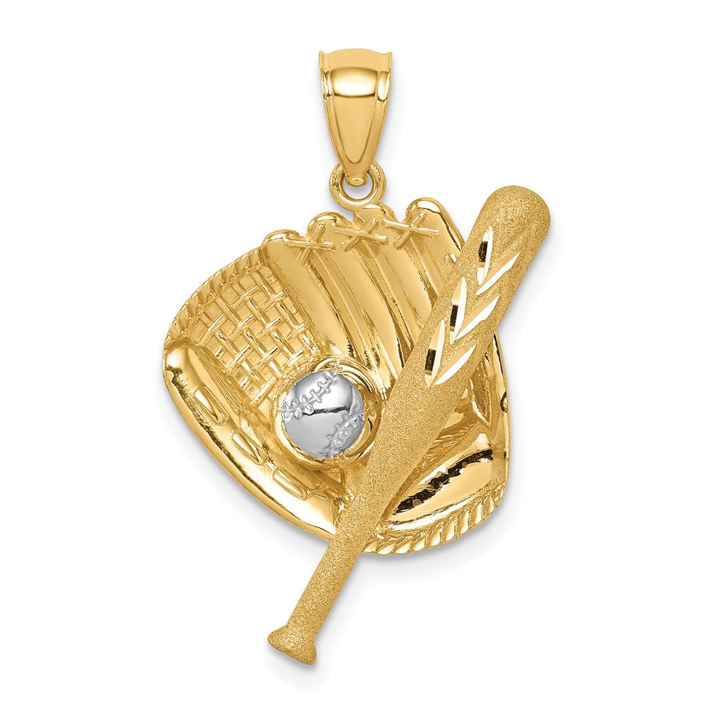 Million Charms 14K Yellow Gold Themed Diamond-Cut White Rhodium-plated Sports Baseball Bat Glove Ball Pendant