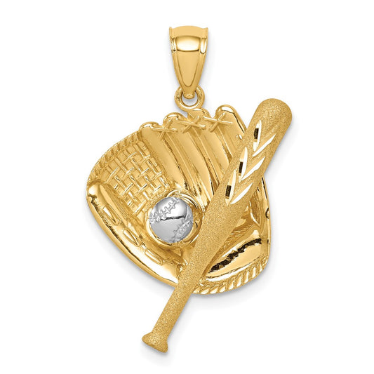 Million Charms 14K Yellow Gold Themed Diamond-Cut White Rhodium-plated Sports Baseball Bat Glove Ball Pendant