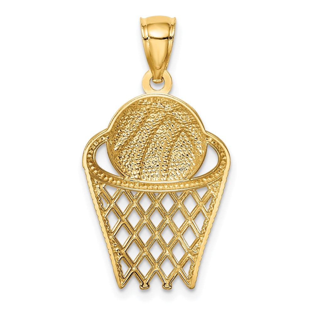 Million Charms 14K Yellow Gold Themed Sports Basketball In Hoop Pendant