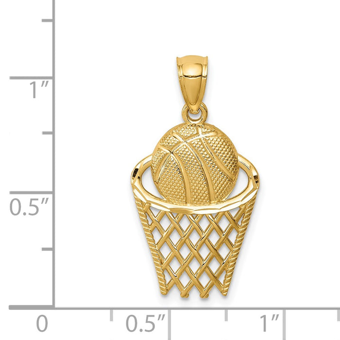 Million Charms 14K Yellow Gold Themed Sports Basketball In Hoop Pendant