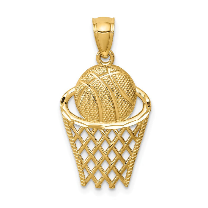 Million Charms 14K Yellow Gold Themed Sports Basketball In Hoop Pendant