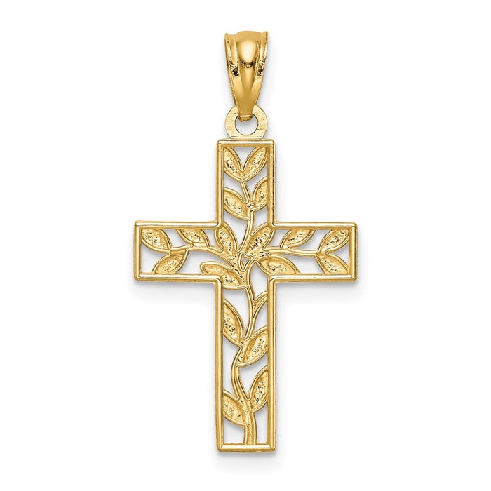 Million Charms 14K Yellow Gold Themed Leaf Relgious Cross Pendant