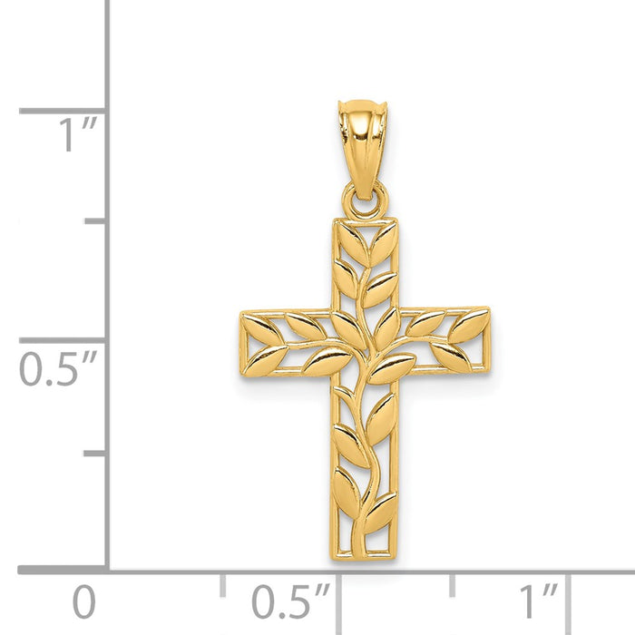 Million Charms 14K Yellow Gold Themed Leaf Relgious Cross Pendant