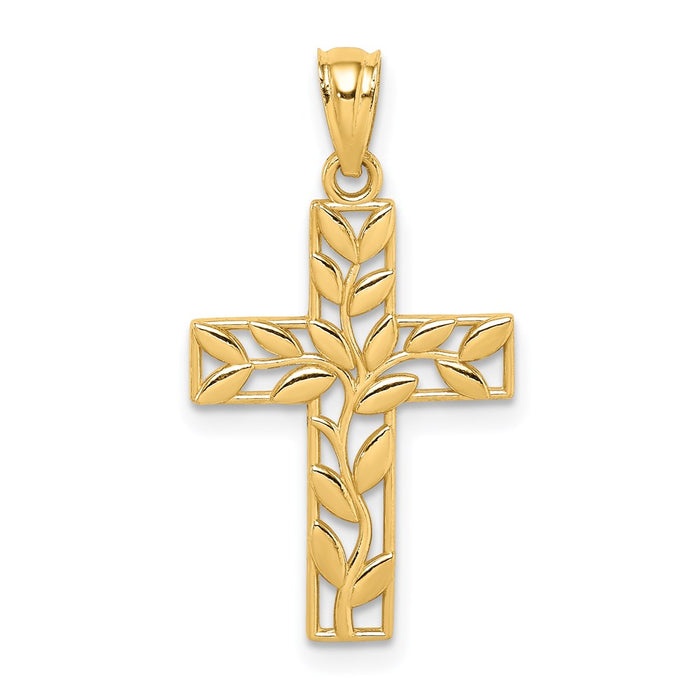 Million Charms 14K Yellow Gold Themed Leaf Relgious Cross Pendant