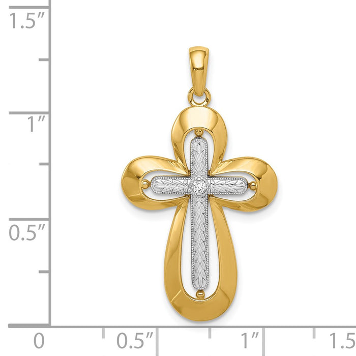 Million Charms 14K Two-Tone Diamond Polished Diamond-Cut Relgious Cross Pendant