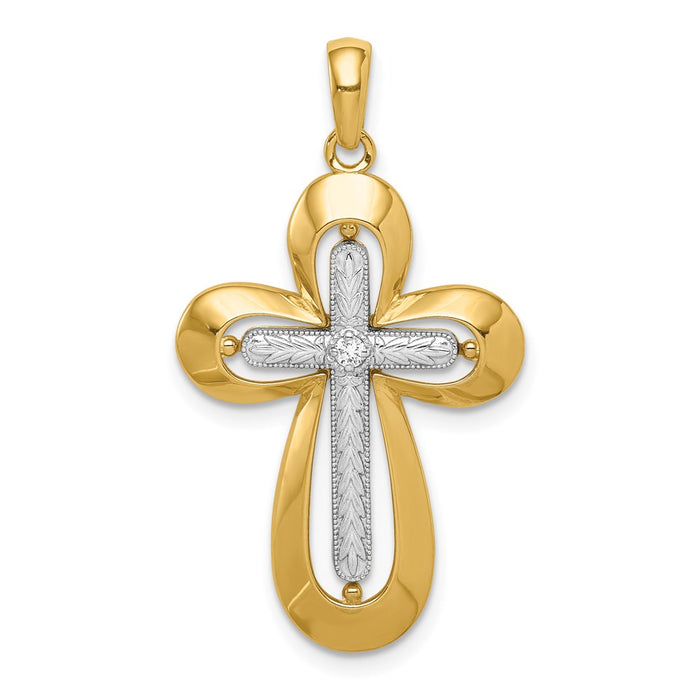 Million Charms 14K Two-Tone Diamond Polished Diamond-Cut Relgious Cross Pendant