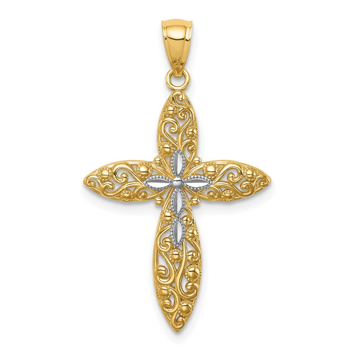 Million Charms 14K Yellow Gold Themed With Rhodium-plated Diamond-Cut Passion Relgious Cross Pendant