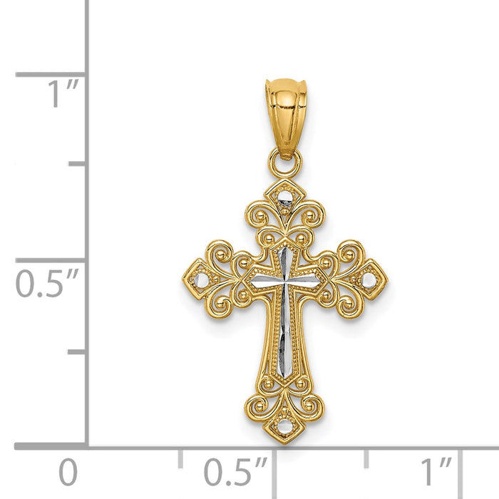 Million Charms 14K Yellow Gold Themed With Rhodium-plated Diamond-Cut Relgious Cross Pendant