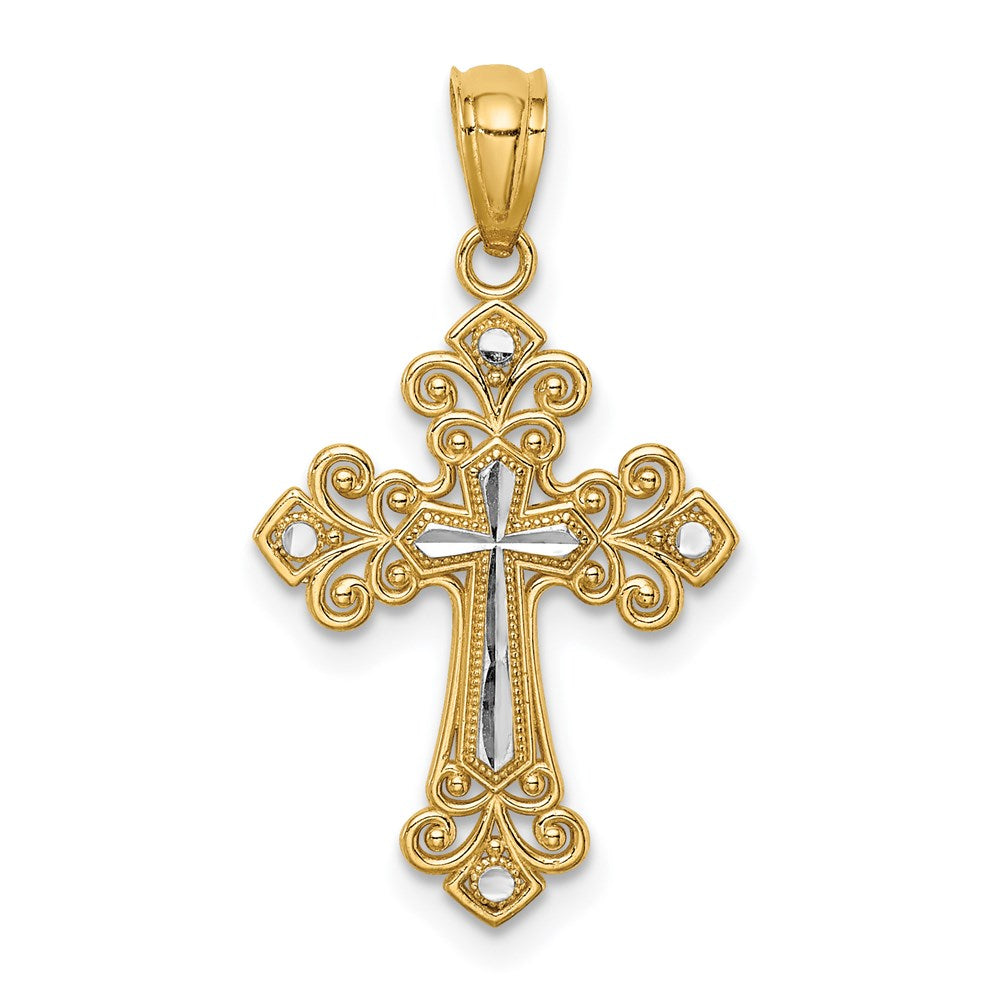Million Charms 14K Yellow Gold Themed With Rhodium-plated Diamond-Cut Relgious Cross Pendant