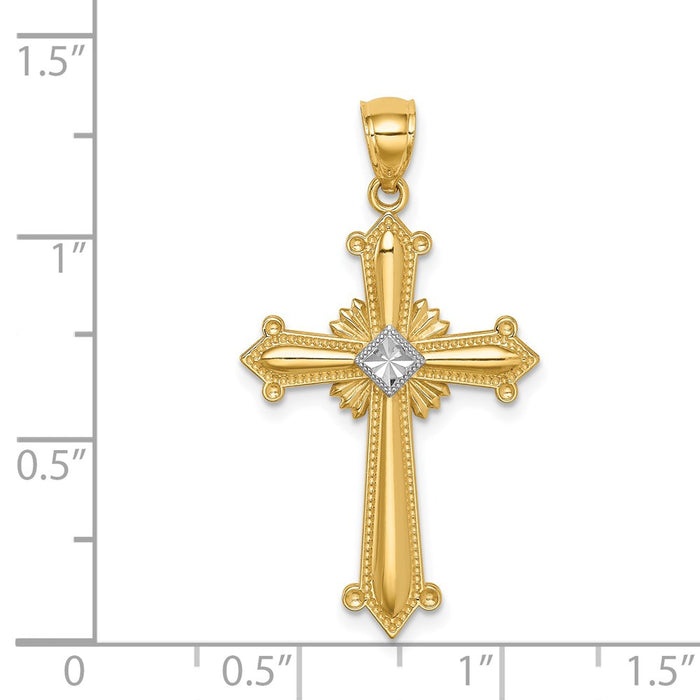 Million Charms 14K Yellow Gold Themed With Rhodium-plated Diamond-Cut Budded Passion Crucifix