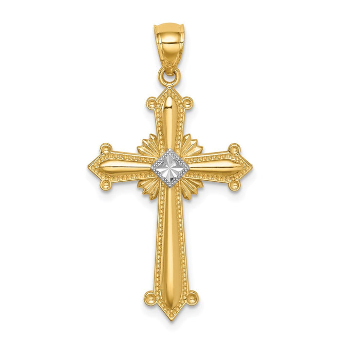 Million Charms 14K Yellow Gold Themed With Rhodium-plated Diamond-Cut Budded Passion Crucifix