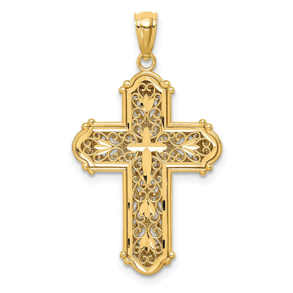 Million Charms 14K Yellow Gold Themed With Rhodium-plated Diamond-Cut Reversible Relgious Cross Pendant