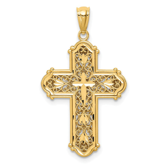 Million Charms 14K Yellow Gold Themed With Rhodium-plated Diamond-Cut Reversible Relgious Cross Pendant