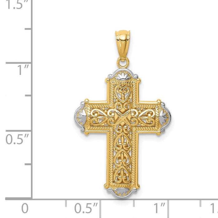 Million Charms 14K Yellow Gold Themed With Rhodium-plated Diamond-Cut Reversible Relgious Cross Pendant