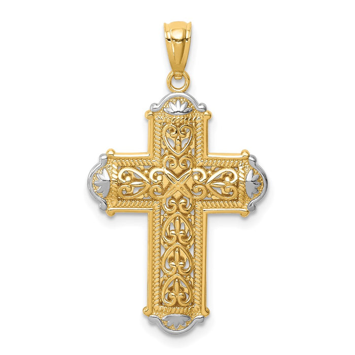 Million Charms 14K Yellow Gold Themed With Rhodium-plated Diamond-Cut Reversible Relgious Cross Pendant