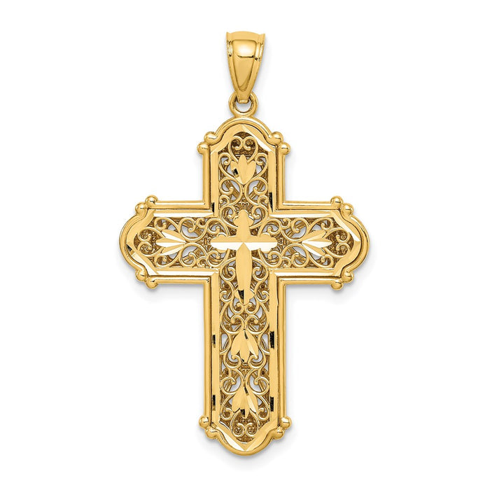 Million Charms 14K Yellow Gold Themed With Rhodium-plated Diamond-Cut Reversible Relgious Cross Pendant