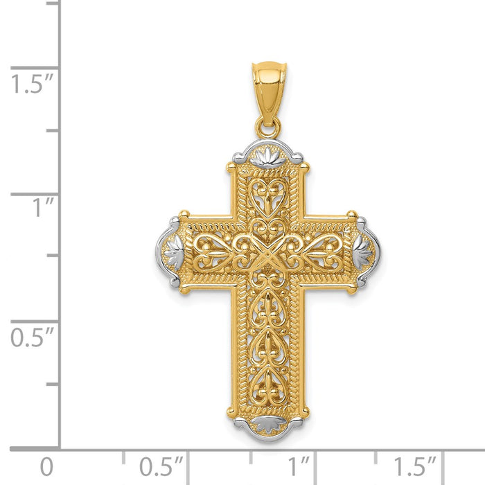 Million Charms 14K Yellow Gold Themed With Rhodium-plated Diamond-Cut Reversible Relgious Cross Pendant