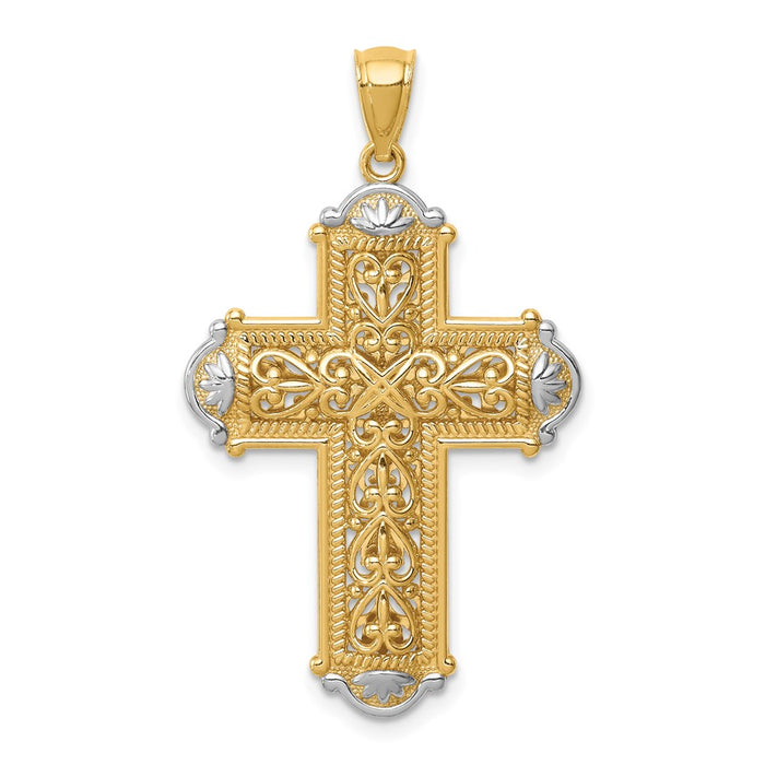 Million Charms 14K Yellow Gold Themed With Rhodium-plated Diamond-Cut Reversible Relgious Cross Pendant