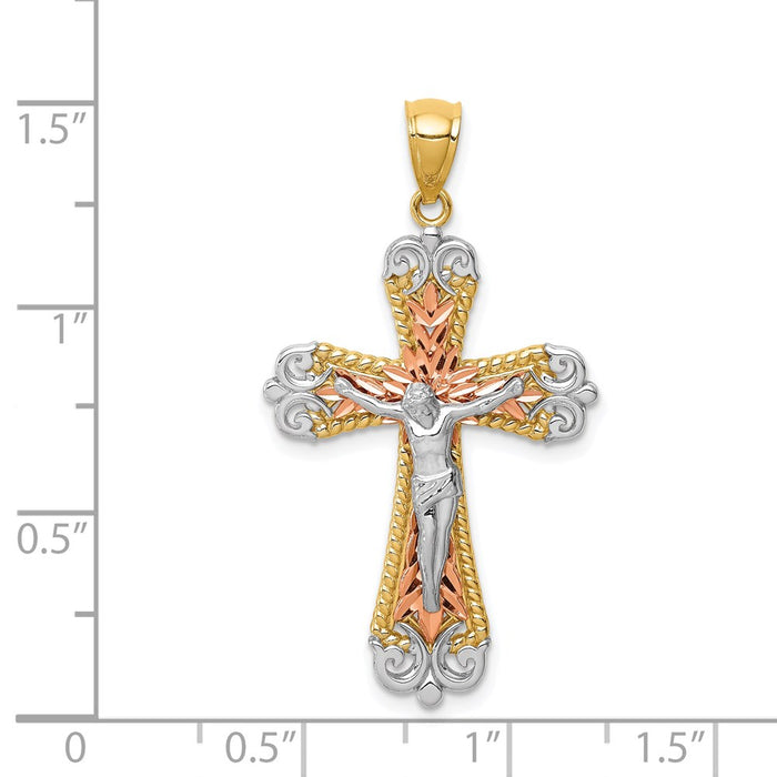 Million Charms 14K Tri-Color Diamond-Cut White Rhodium-plated Relgious Crucifix Pendant