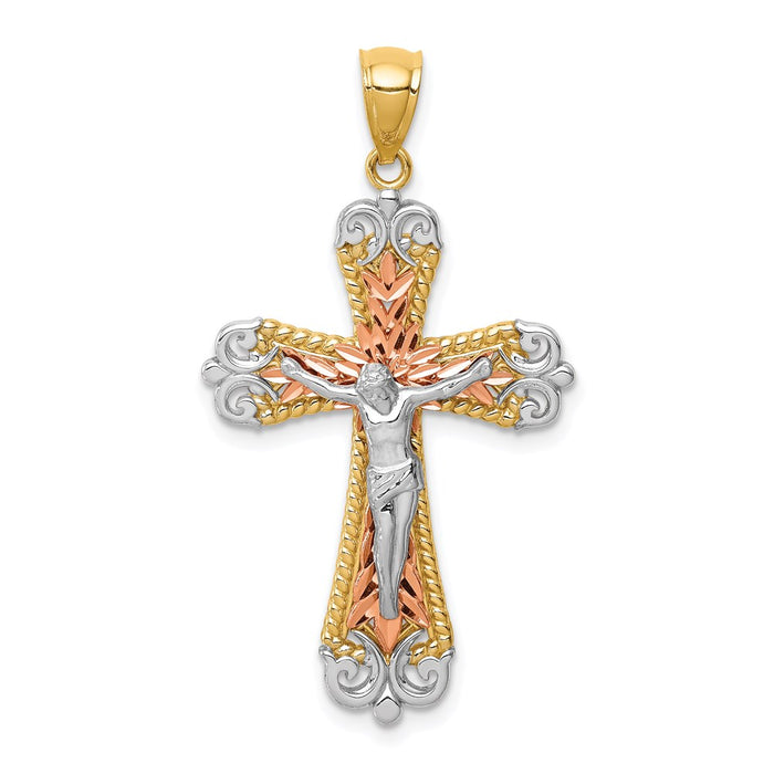 Million Charms 14K Tri-Color Diamond-Cut White Rhodium-plated Relgious Crucifix Pendant