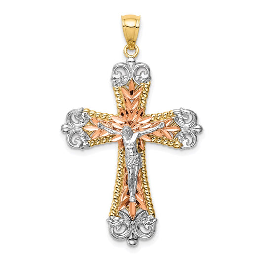 Million Charms 14K Tri-Color With Rhodium-plated Relgious Crucifix Pendant