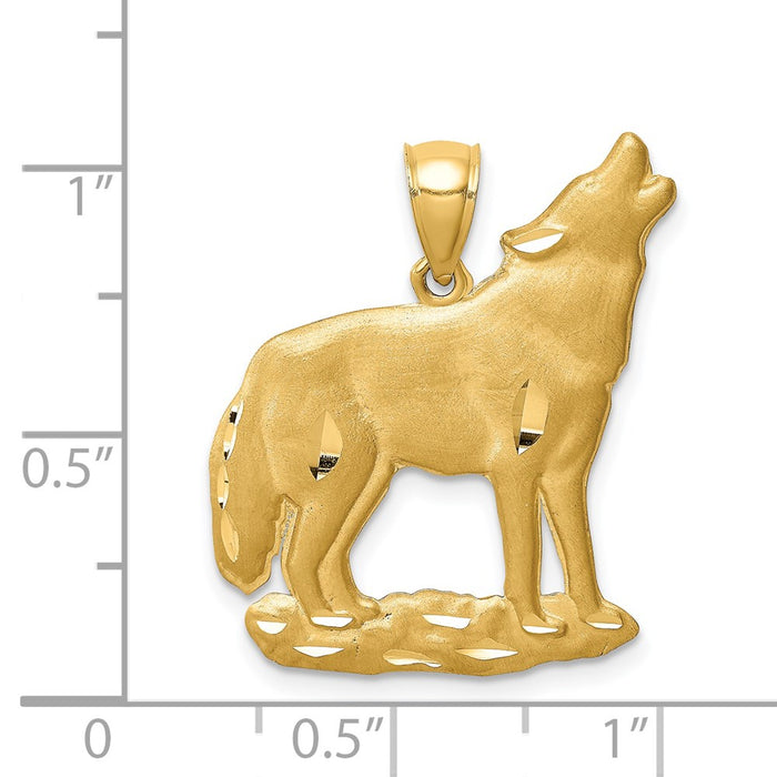 Million Charms 14K Yellow Gold Themed Brushed Diamond-Cut Wolf Pendant