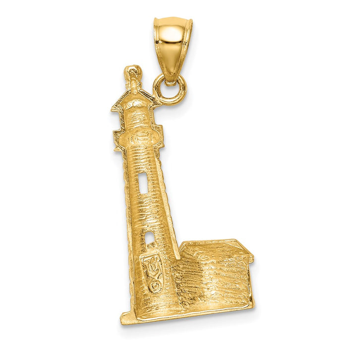 Million Charms 14K Yellow Gold Themed Brushed Diamond-Cut Lighthouse Pendant