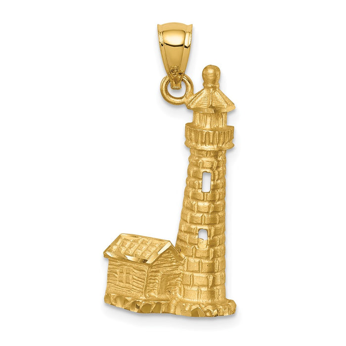 Million Charms 14K Yellow Gold Themed Brushed Diamond-Cut Lighthouse Pendant