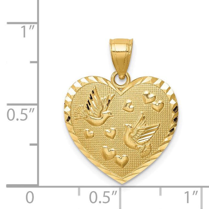 Million Charms 14K Yellow Gold Themed Heart With Doves & Hearts Diamond-Cut Textured Pendant