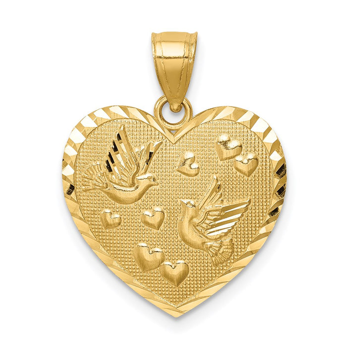 Million Charms 14K Yellow Gold Themed Heart With Doves & Hearts Diamond-Cut Textured Pendant