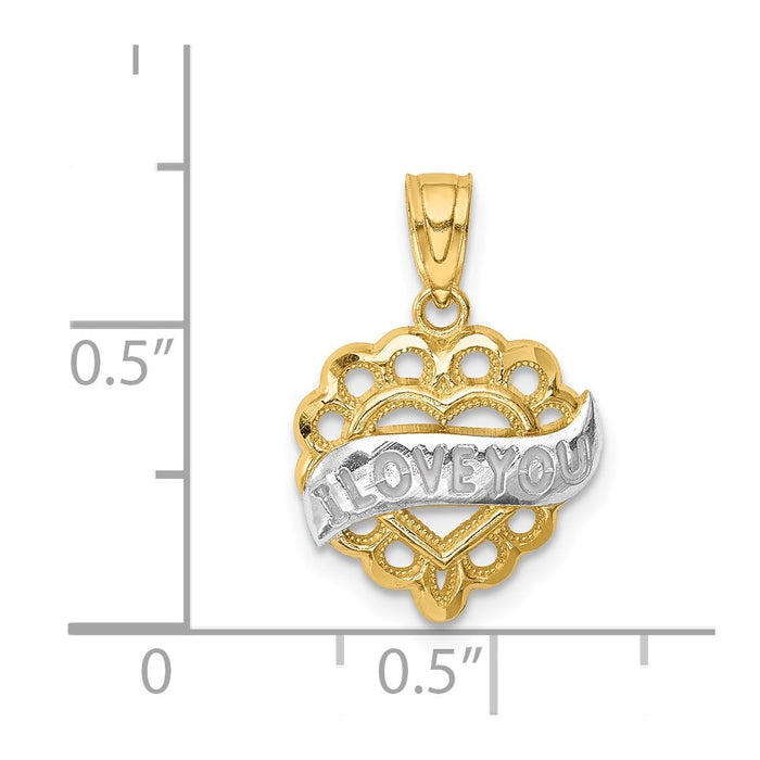 Million Charms 14K Yellow Gold Themed With Rhodium-plated Diamond-Cut I Love You Heart Pendant