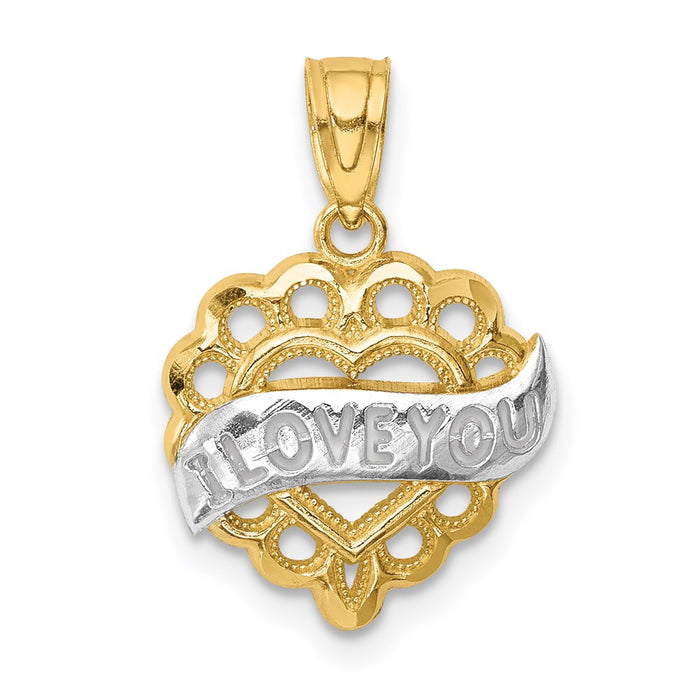 Million Charms 14K Yellow Gold Themed With Rhodium-plated Diamond-Cut I Love You Heart Pendant